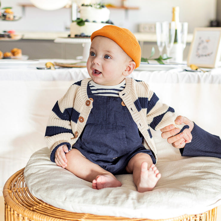 Salopette courte ample marine en lin et en coton, naissance || Navy loose short overall in linen and cotton newborn