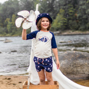 Chapeau de soleil marine réversible à motif de voiliers, enfant || Navy reversible bucket hat with sailboat print, child