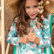 Maillot de bain une-pièce bleu, vert et rose fleuri, enfant || Blue, green and pink one piece swimsuit with flowery print, child