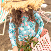 Maillot de bain une-pièce bleu, vert et rose fleuri, enfant || Blue, green and pink one piece swimsuit with flowery print, child