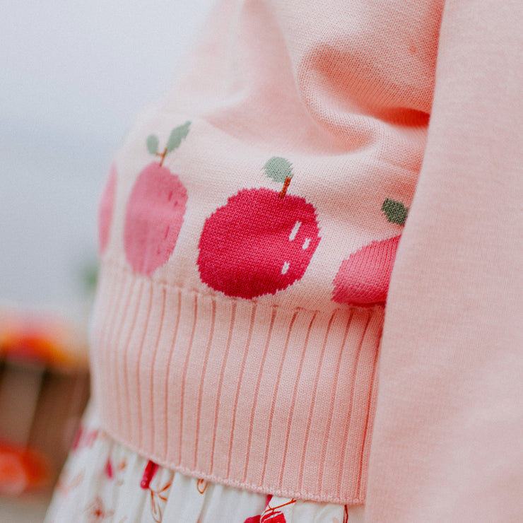 Chandail de maille manches longues pêche motif jacquard fruité, Enfant || Peach long sleeve knitted sweater fruity jacquard pattern, Child