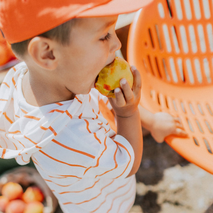 T-shirt à capuchon et manches courtes blanc et orange rayé avec illustration, bébé || White and orange stripes short sleeves hooded t-shirt with print, baby