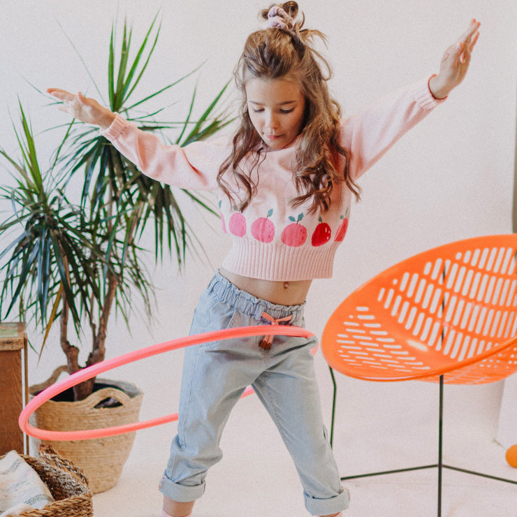 Chandail de maille manches longues pêche motif jacquard fruité, Enfant || Peach long sleeve knitted sweater fruity jacquard pattern, Child