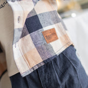 Chemise à manches longues orange et marine à carreaux en lin et coton, bébé || Orange and navy plaid long sleeves shirt in linen and cotton, baby