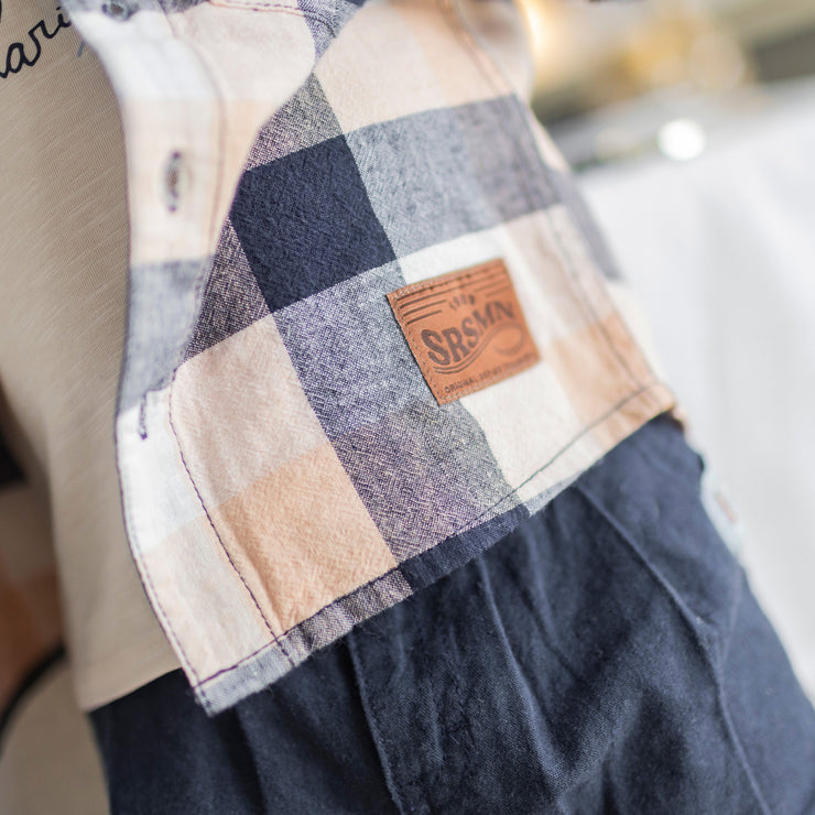 Chemise à manches longues orange et marine à carreaux en lin et coton, bébé || Orange and navy plaid long sleeves shirt in linen and cotton, baby