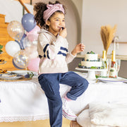 Chandail de maille manches longues crème et marine, enfant || Cream and navy long sleeves knit sweater, child