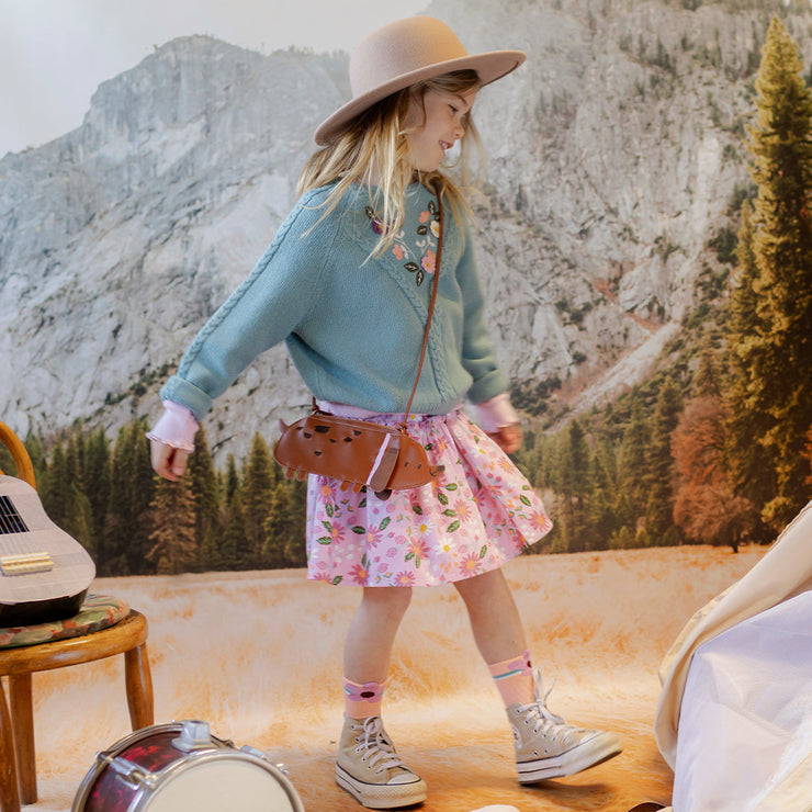 Jupe courte ample lilas fleurie en viscose, enfant || Loose fit floral lilac short skirt in viscose, child