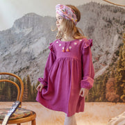 Robe mauve-rose de coupe régulière/évasée à manches longues en jersey crêpé, enfant