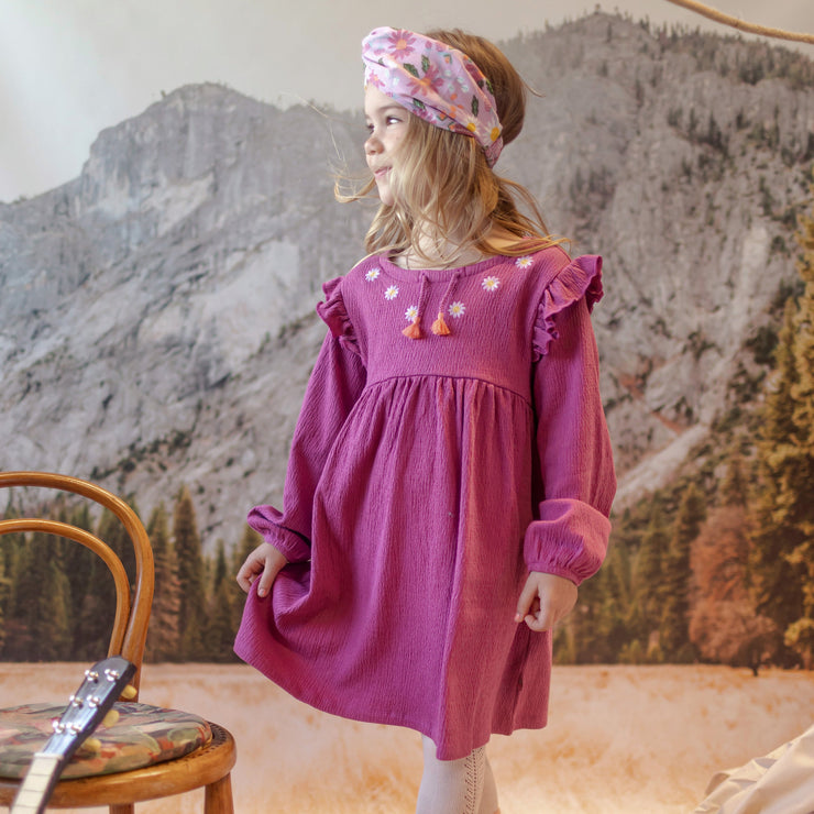 Robe mauve-rose de coupe régulière/évasée à manches longues en jersey crêpé, enfant