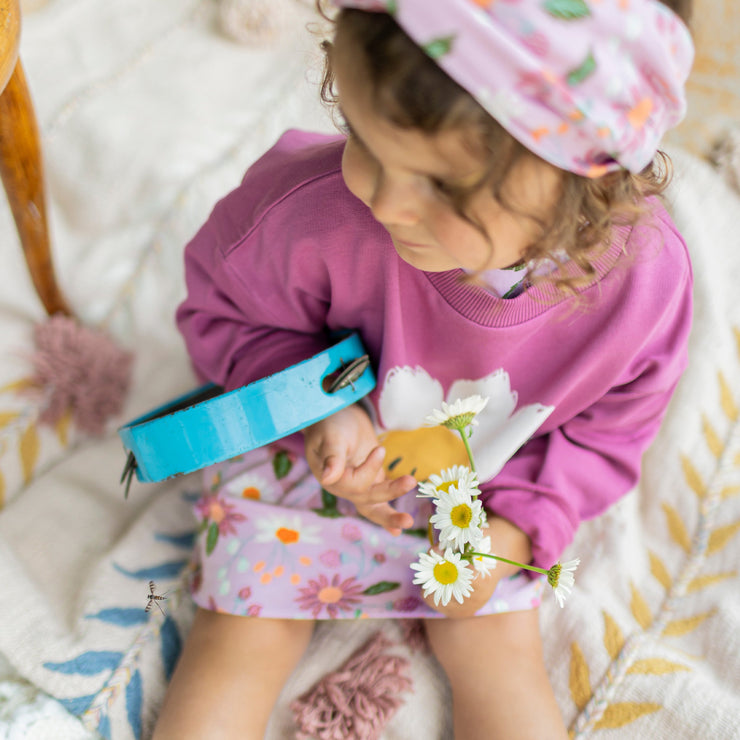 Chandail ample rouge-violet avec marguerite en coton français, bébé || Red-violet sweater with marguerite in french terry, baby