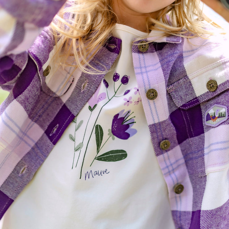 Surchemise mauve à carreaux en flanelle épaisse, enfant || Plaid purple overshirt in heavy flannel, child