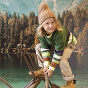 Chandail en tricot vert à rayures, enfant || Green knit sweater with duck jacquard pattern, child