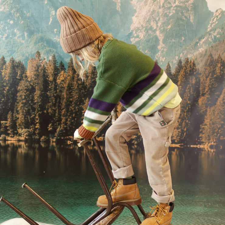 Chandail en tricot vert à rayures, enfant || Green knit sweater with duck jacquard pattern, child