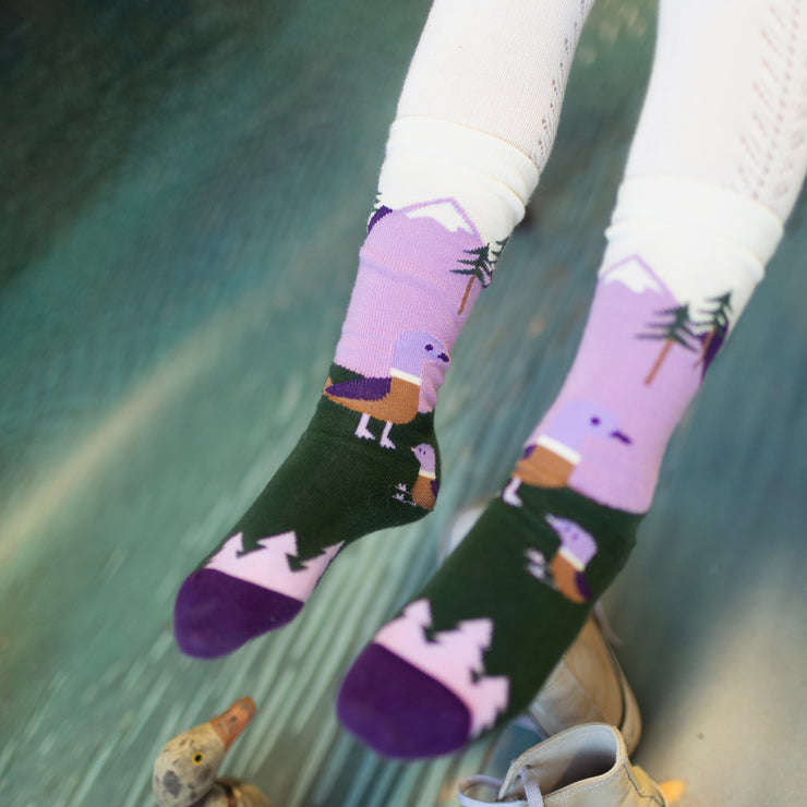Chaussettes mauves et vertes avec canards, enfant || Purple and green socks with ducks, child