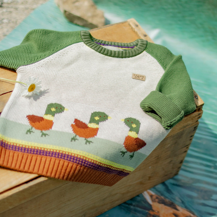 Chandail en tricot vert à motifs jacquard de canards, bébé || Green knit sweater with duck jacquard pattern, baby