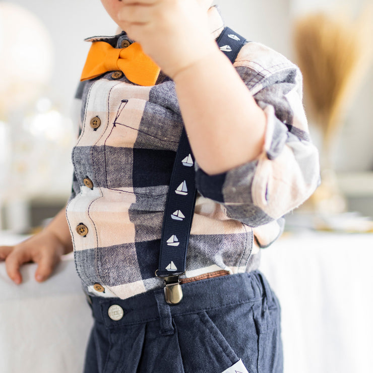 Bretelles extensibles marines avec voiliers, enfant || Navy stretch suspenders with sailboat print, child