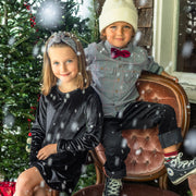 Robe noir à manches longues en velours avec fronces, enfant