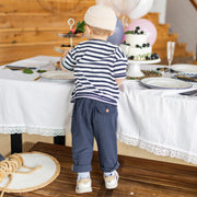 T-shirt à manches courtes blanc et marin rayé avec illustration, bébé || White and navy striped short sleeves t-shirt with print, baby