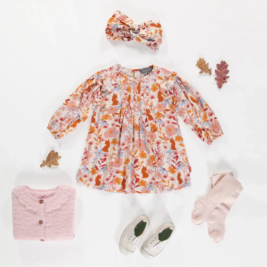 Robe crème fleuri à manches longues en viscose, bébé || Cream floral dress with long sleeves in viscose, baby