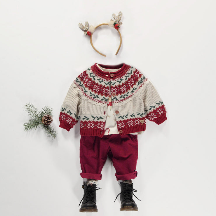 Cardigan en tricot crème et rouge à motifs des fêtes, bébé