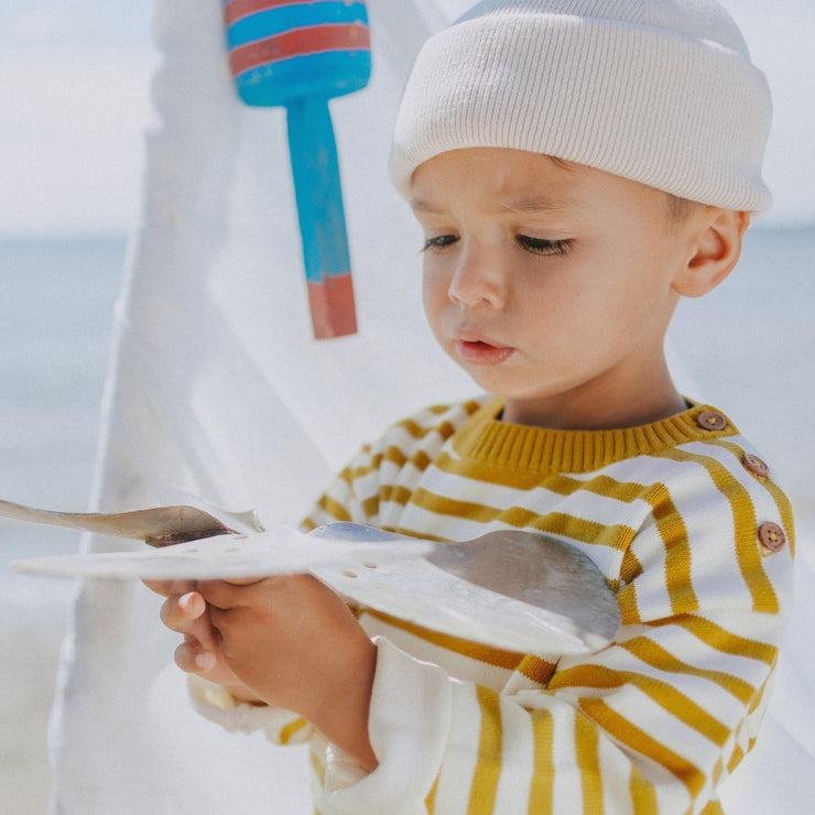 Chandail de maille à manches longues et rayures crème, jaune et ocre, bébé || Cream, yellow and ochre striped long sleeves knitted sweater, baby