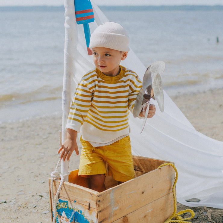 Chandail de maille à manches longues et rayures crème, jaune et ocre, bébé || Cream, yellow and ochre striped long sleeves knitted sweater, baby