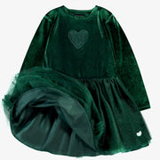 Détails de la robe verte en velours et paillettes, enfant