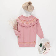 Robe en tricot rose à manches longues avec motif jacquard fleuri, enfant || Long-sleeved pink knit dress with floral jacquard pattern, child