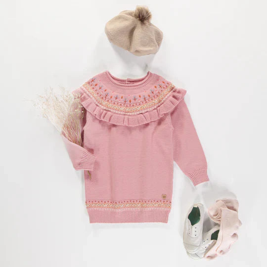 Robe en tricot rose à manches longues avec motif jacquard fleuri, enfant || Long-sleeved pink knit dress with floral jacquard pattern, child