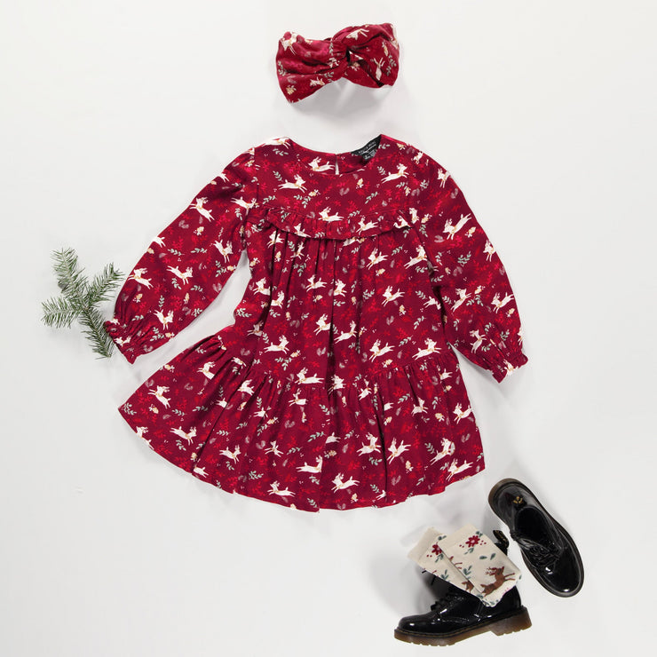 Robe rouge avec volant et motifs de rennes en viscose, enfant