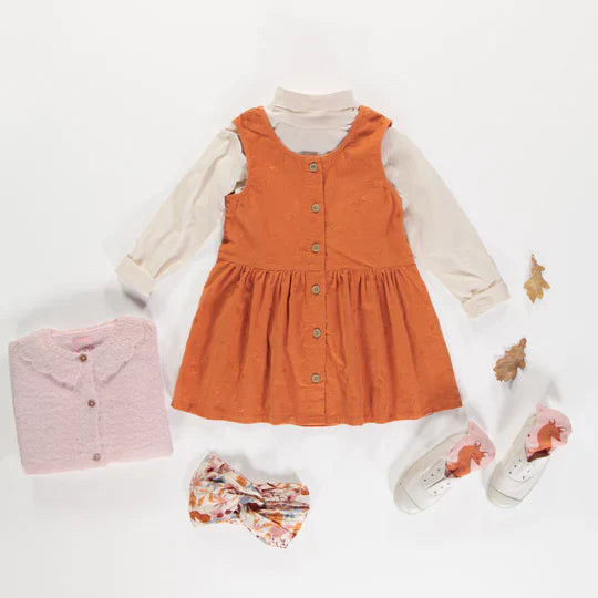 Robe chasuble à bretelles larges orange brûlé en corduroy, enfant
