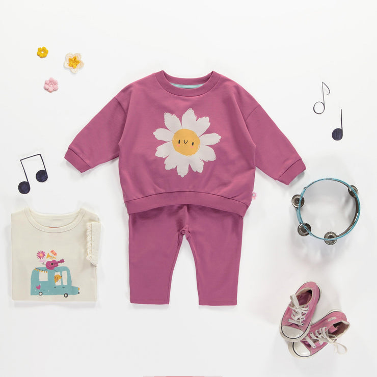 Chandail ample rouge-violet avec marguerite en coton français, bébé || Red-violet sweater with marguerite in french terry, baby
