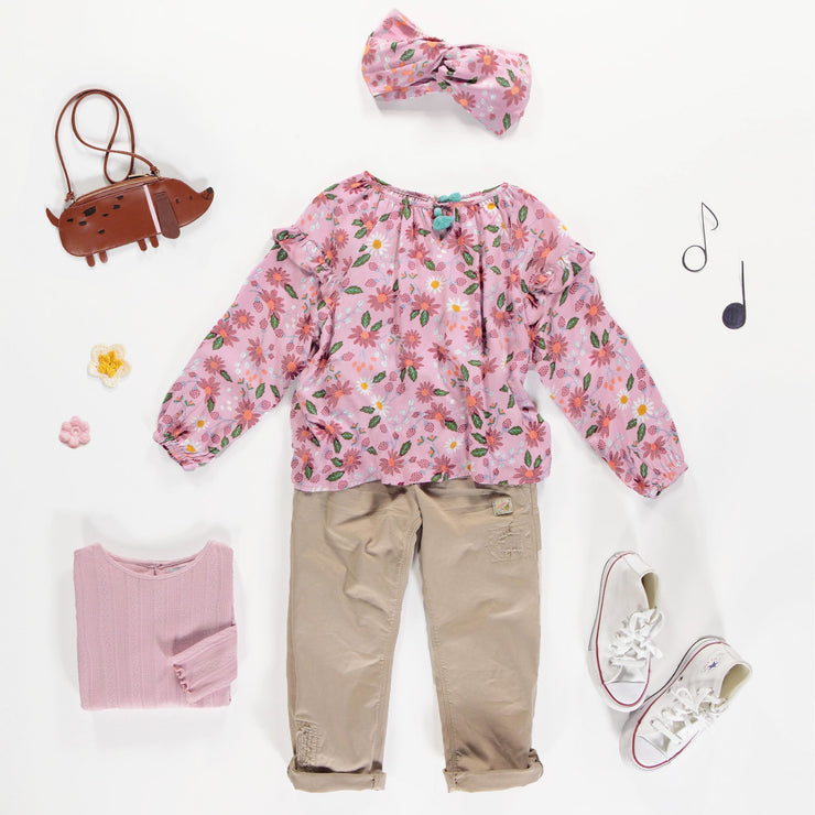 Chemise ample lilas fleurie à manches longues bouffantes en viscose, enfant || Floral lilac wide fit shirt with long puff sleeves in viscose, child