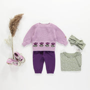 Chandail en tricot lilas avec motif dans la maille et jacquard de tulipes, bébé || Lilac knitted sweater with pattern in knit and tulip jacquard, baby
