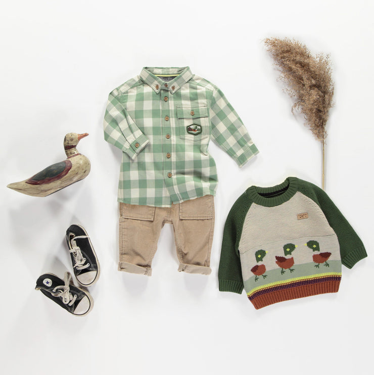 Chandail en tricot vert à motifs jacquard de canards, bébé || Green knit sweater with duck jacquard pattern, baby