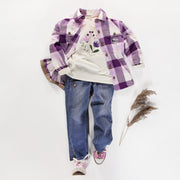 Surchemise mauve à carreaux en flanelle épaisse, enfant || Plaid purple overshirt in heavy flannel, child