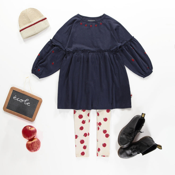 Robe marine de coupe décontractée et évasée à manches longues avec broderie de pommes en jersey crêpé, enfant