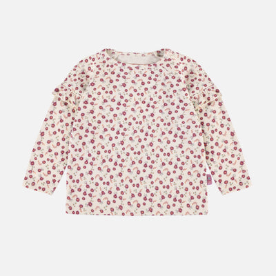 T-shirt crème fleuri à manches longues avec volants en jersey, bébé || Cream floral long sleeved t-shirt with ruffles in jersey, baby