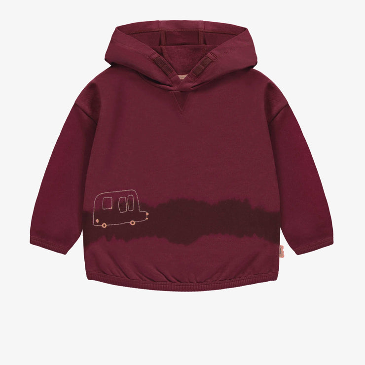 Chandail à capuchon et manches longues bourgogne en coton français, bébé || Burgundy hoodie in french terry, baby