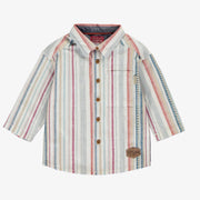 Chemise à manches longues et à rayures crème, orange et bleu en lin et coton, bébé ||Cream, orange and blue shirt with long sleeves in linen and cotton, baby