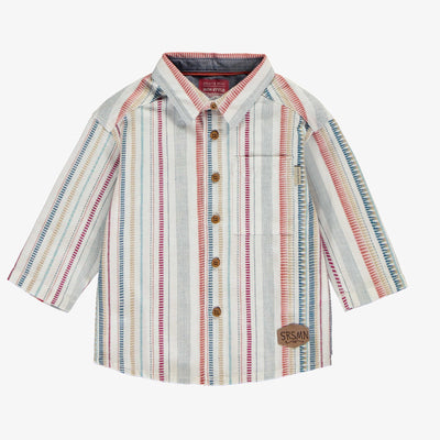 Chemise à manches longues et à rayures crème, orange et bleu en lin et coton, bébé ||Cream, orange and blue shirt with long sleeves in linen and cotton, baby