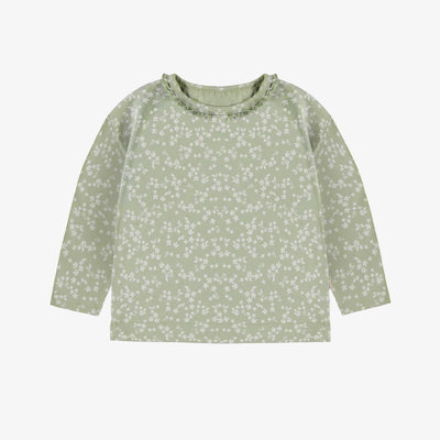 T-shirt à manches longues de coupe décontractée vert fleuri en jersey, bébé || Green long-sleeved t-shirt with a floral print in jersey, baby