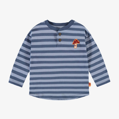 T-shirt bleu à rayures avec col henley en jersey, bébé || Blue striped t-shirt with henley collar in jersey, baby