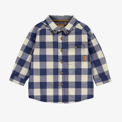 Chemise à carreaux bleu acier et crème en douce flanelle, bébé || Steel blue and cream plaid shirt in soft flannel, baby