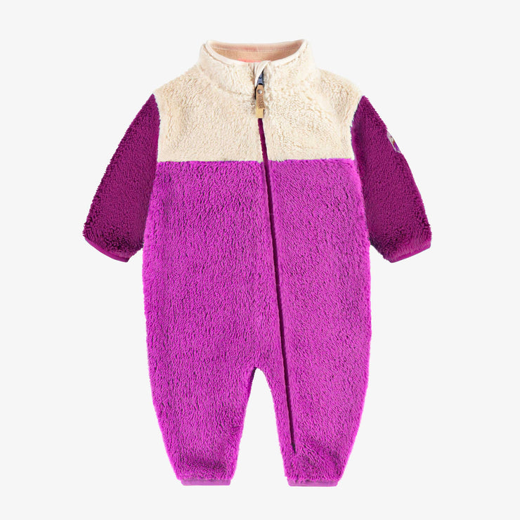 Une-pièce en sherpa mauve blocs de couleur à col montant, bébé || Purple sherpa one piece with color block and high collar, baby