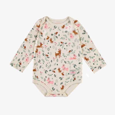 Cache-couche des fêtes crème en jersey extensible à motifs de rennes, bébé || Holiday bodysuit in cream stretch jersey with reindeer all over print, baby