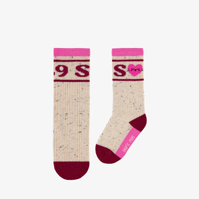 Chaussettes beiges et magentas en maille tressée au style collégial, bébé || College-style beige and magenta woven socks, baby