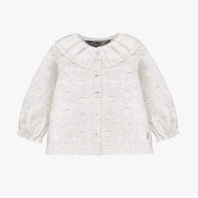 Chemise blanche à manches longues en voile de coton avec broderies, bébé || Long-sleeved white shirt in cotton veil with embroideries, baby