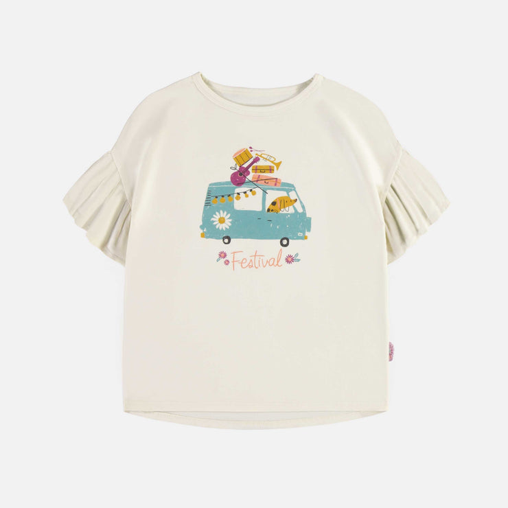 T-shirt crème de coupe décontractée à manches courtes avec illustration en jersey extensible, enfant || Cream relaxed fit t-shirt with short sleeves and a print in stretch jersey, child
