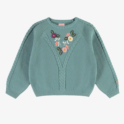 Chandail de maille bleu cendré avec broderie et crochet, enfant || Ash blue knit sweater with embroidery and crochet, child